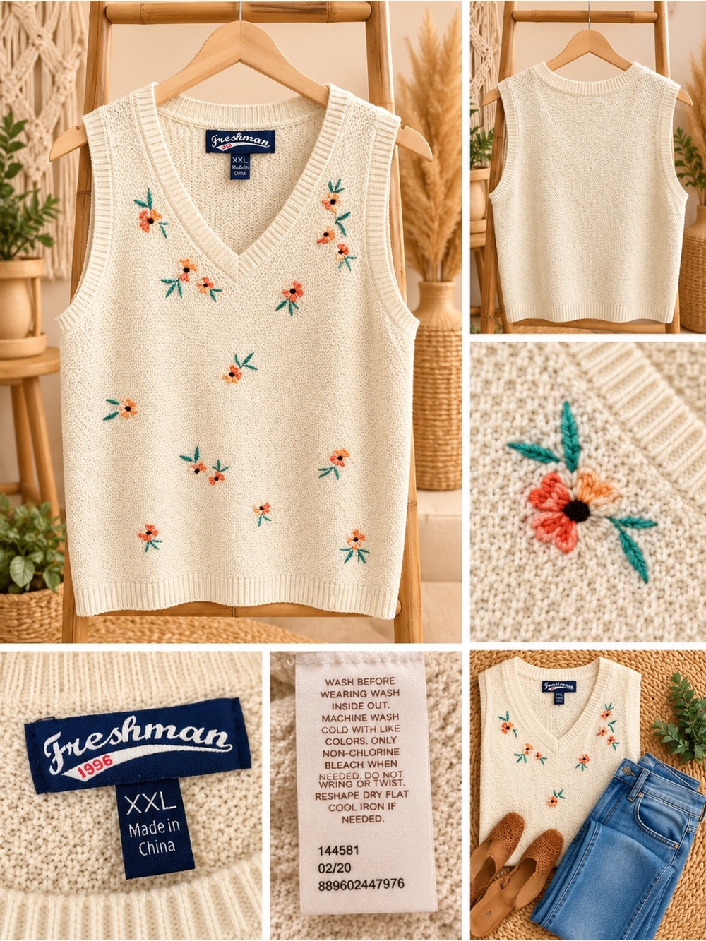 Freshman Cream Sleeveless V-Neck Sweater Vest with Coral Floral Embroidery